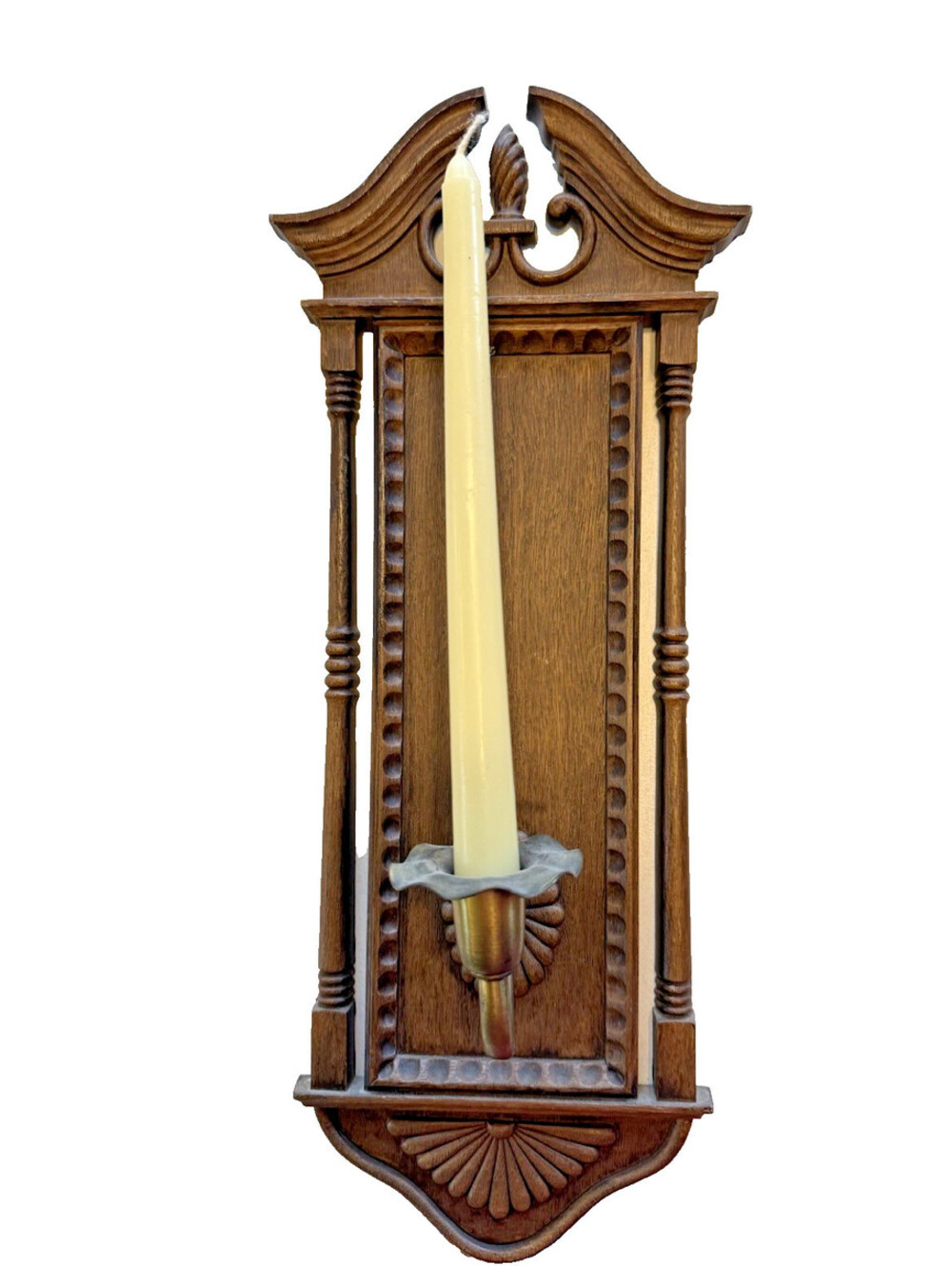 Vintage Burwood Candle Sconce Wall Hanging Faux Wood Brass Holder 19" x 6"